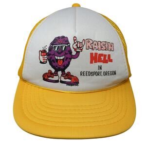 California Raisins Raisin Hell in Reedsport Oregon Trucker Hat Yellow OS Vintage